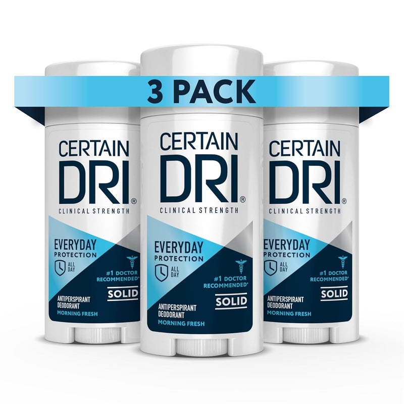 CERTAIN DRI Certain Dri Everyday Strength Clinical Solid Antiperspirant, Hyperhidrosis Treatment for Men & Women, Long-Lasting 72hr Protection, Effective Sweat Control, Travel Friendly, Fresh Scent, 2.6oz, 3 Pack 