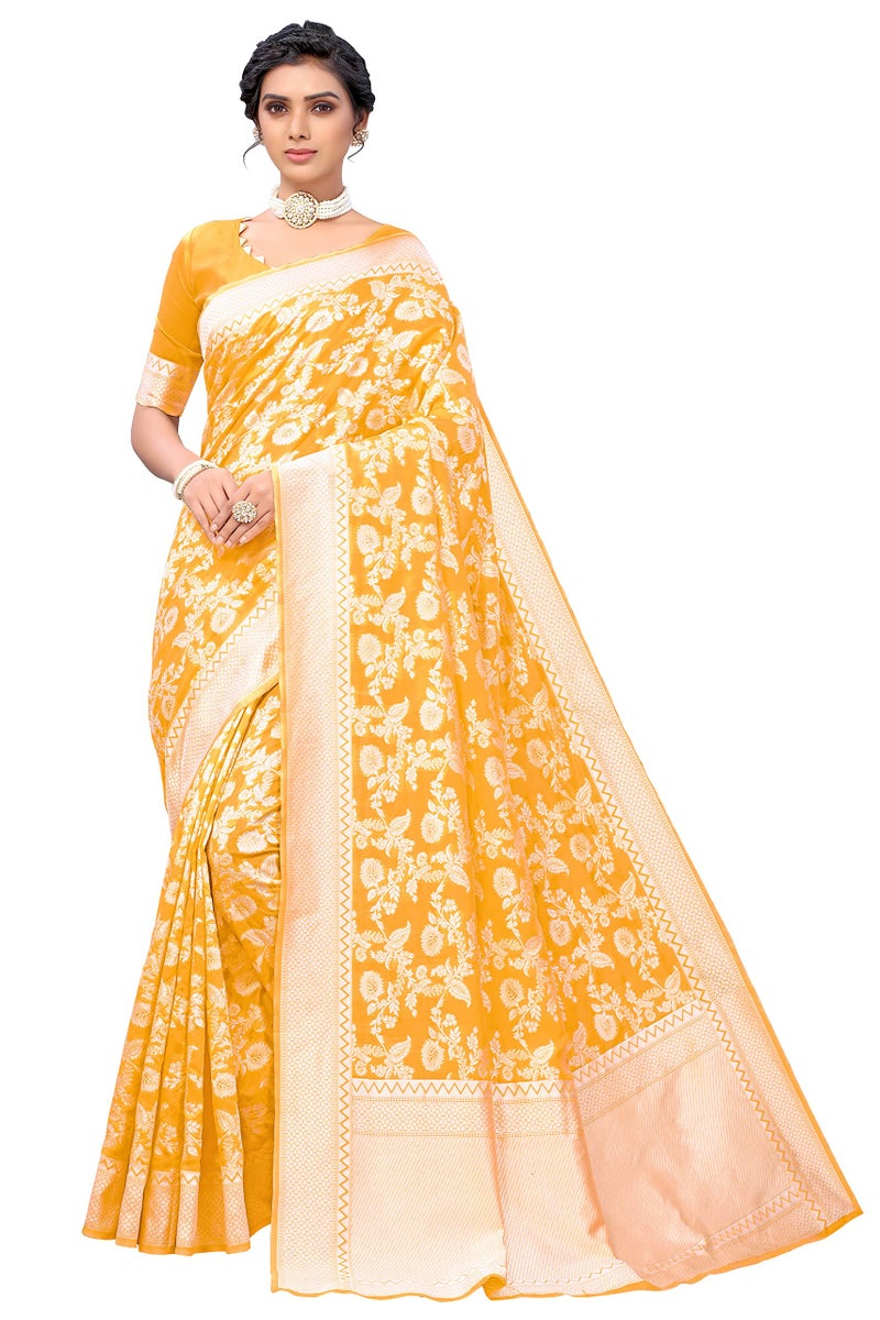 Glory Sarees Women's Banarasi Artificial Silk Saree With Blouse Piece (Kara124_Yellow) - Image 2
