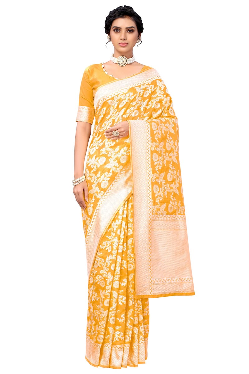Glory Sarees Women's Banarasi Artificial Silk Saree With Blouse Piece (Kara124_Yellow) - Image 3