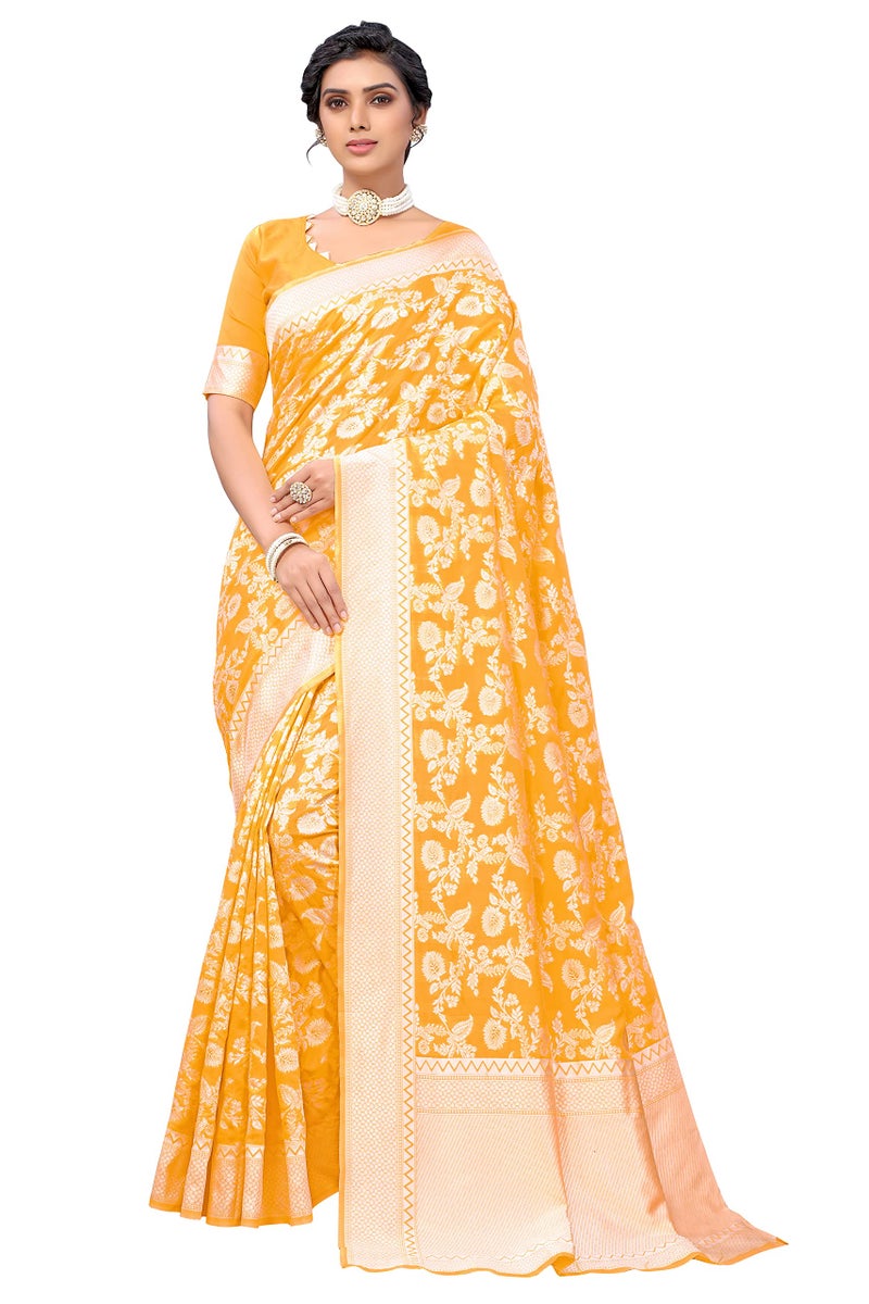 Glory Sarees Women's Banarasi Artificial Silk Saree With Blouse Piece (Kara124_Yellow) - Image 1