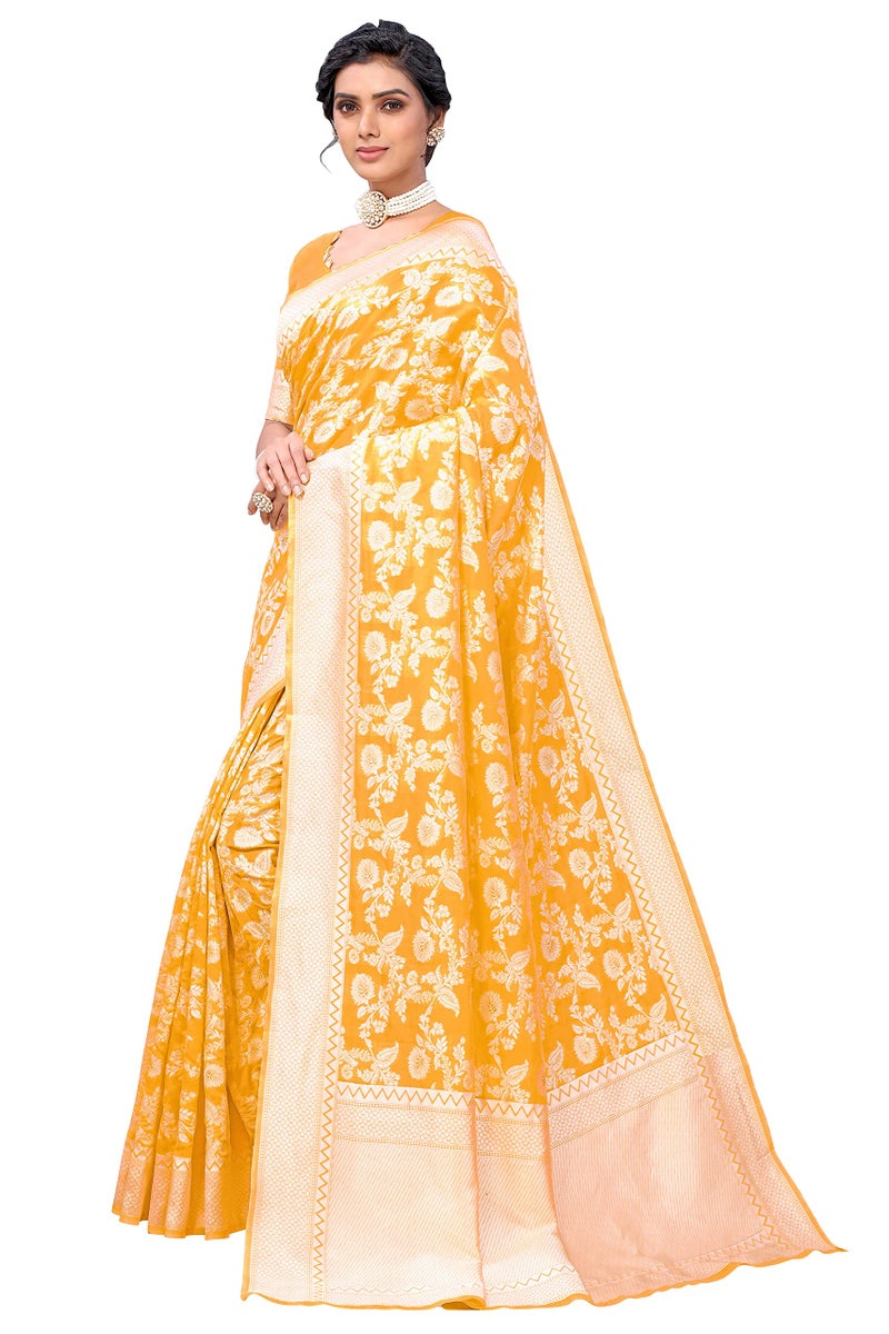 Glory Sarees Women's Banarasi Artificial Silk Saree With Blouse Piece (Kara124_Yellow) - Image 4