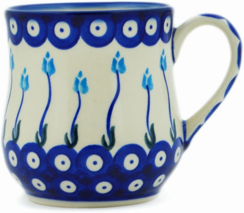 Polmedia Polish Pottery Authentic Polish Pottery Mug 13 oz in Peacock Tulip Garden Design Handmade in Bolesawiec Poland by Ceramika Bona  Certificate of Authenticity - Image 1