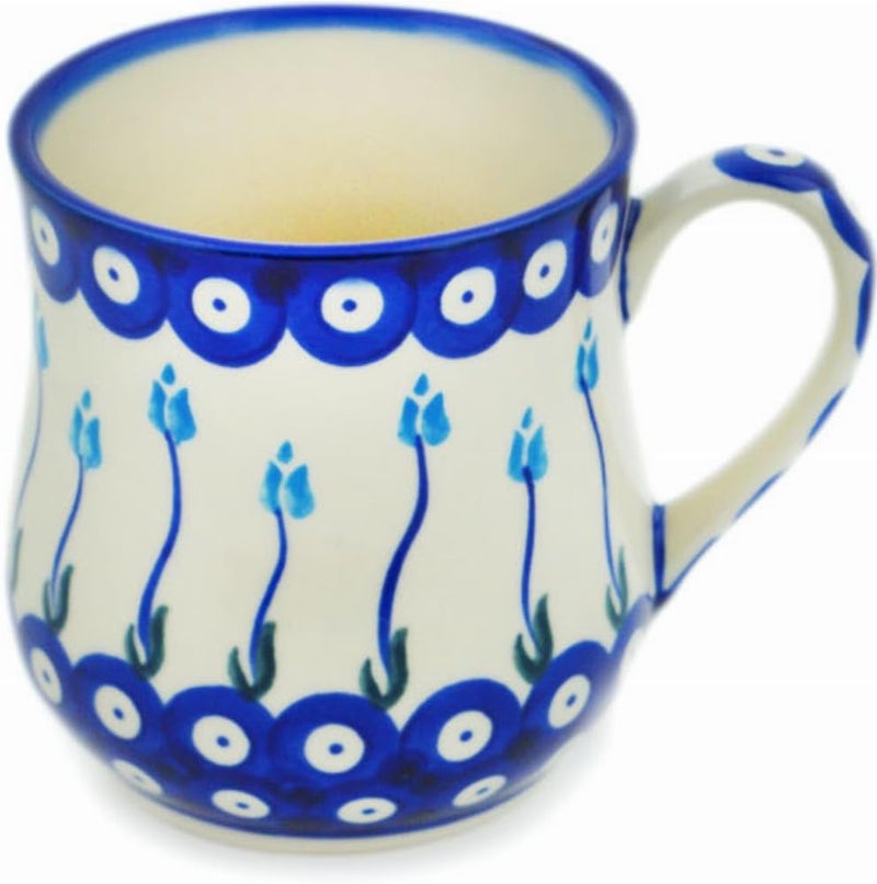 Polmedia Polish Pottery Authentic Polish Pottery Mug 13 oz in Peacock Tulip Garden Design Handmade in Bolesawiec Poland by Ceramika Bona  Certificate of Authenticity - Image 2