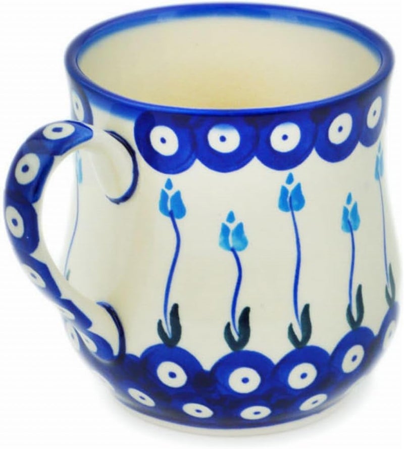 Polmedia Polish Pottery Authentic Polish Pottery Mug 13 oz in Peacock Tulip Garden Design Handmade in Bolesawiec Poland by Ceramika Bona  Certificate of Authenticity - Image 3