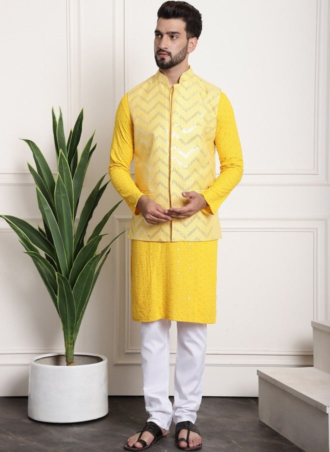 Sojanya Yellow Embellished Silk Nehru Jacket for Men - Image 4