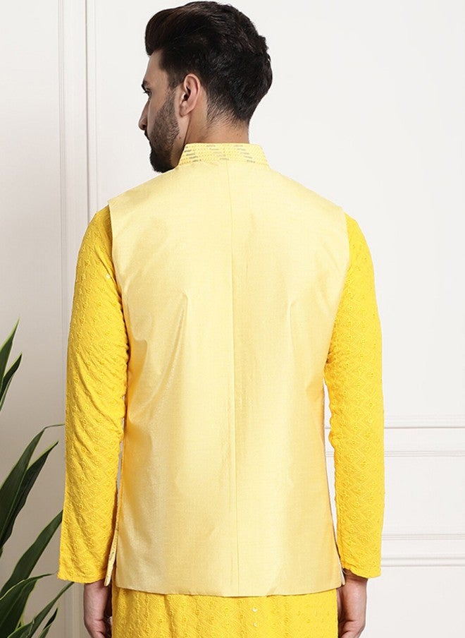 Sojanya Yellow Embellished Silk Nehru Jacket for Men - Image 3