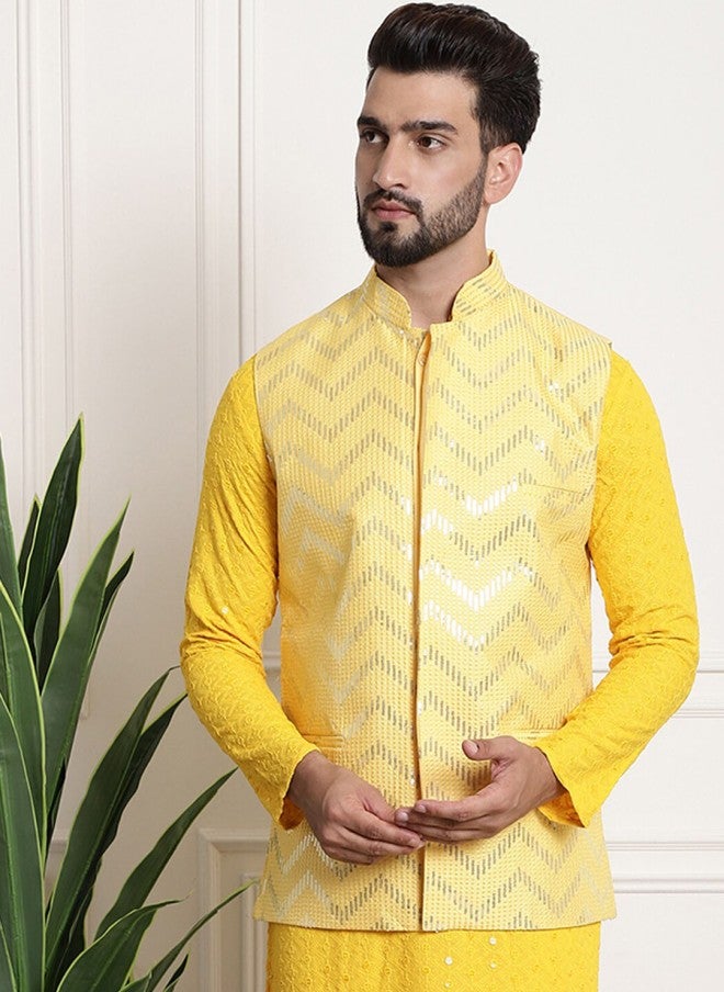 Sojanya Yellow Embellished Silk Nehru Jacket for Men - Image 1
