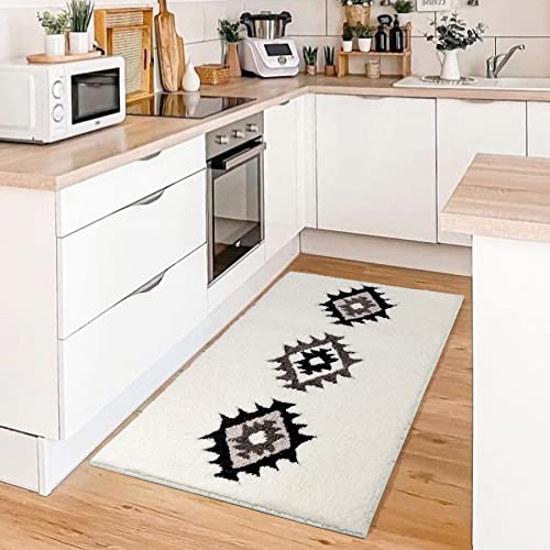 DEXDE Bathroom Rugs Boho Moroccan Bath Rug 20x32 Inches - Geometric Non-Slip Quick Dry Bath Mat, Black White Machine Washable Absorbent Soft for Bathroom, Neutral Decor - Image 3
