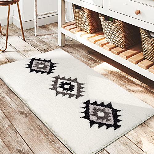 DEXDE Bathroom Rugs Boho Moroccan Bath Rug 20x32 Inches - Geometric Non-Slip Quick Dry Bath Mat, Black White Machine Washable Absorbent Soft for Bathroom, Neutral Decor - Image 1
