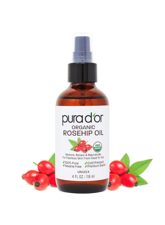 بيورا دور 4 أوقية زيت بذور الوردية العضوية - 100٪ نقية بالضغط البارد وزارة الولايات المتحدة الأمريكية معتمدة علاج مضاد للشيخوخة - فيتامين A وC غني - يساعد على تلاشي مظهر الندوب وعلامات التمدد - للوجه والشعر والجسم - Image 1