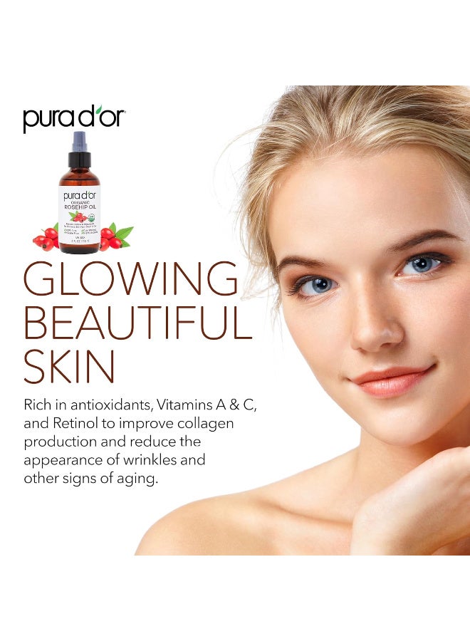 بيورا دور 4 أوقية زيت بذور الوردية العضوية - 100٪ نقية بالضغط البارد وزارة الولايات المتحدة الأمريكية معتمدة علاج مضاد للشيخوخة - فيتامين A وC غني - يساعد على تلاشي مظهر الندوب وعلامات التمدد - للوجه والشعر والجسم - Image 5