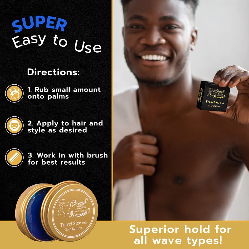 OCEAN VIEW DEEP WAVES POMADE, Gold Edition 360 Wave Grease, includes Wash and Style Brush for Men Moisturizes, Controls and Styles Black Hair - Image 5