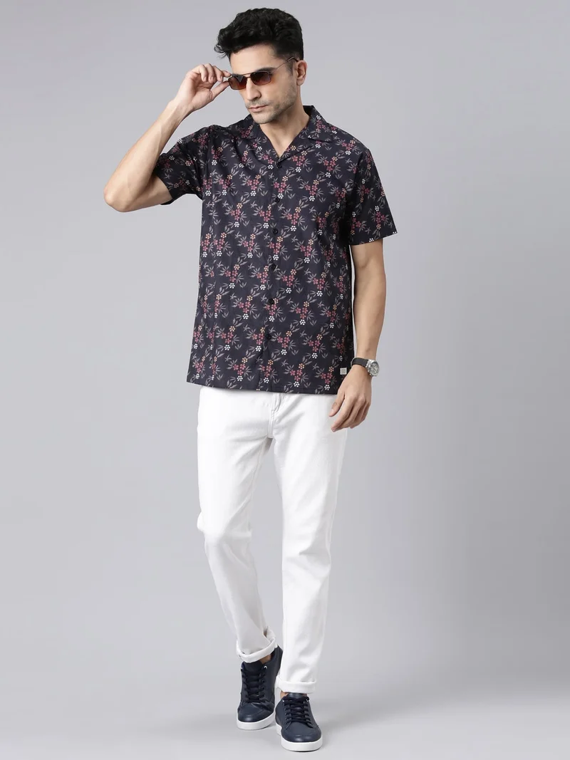Joven  Navy Blue Printed Camp Collar Casual Shirt for Men for Men | Best Price UAE