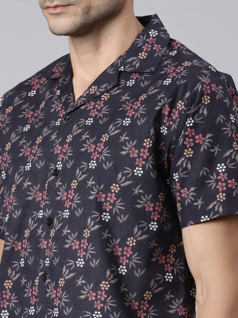 Joven  Navy Blue Printed Camp Collar Casual Shirt for Men for Men | Best Price UAE