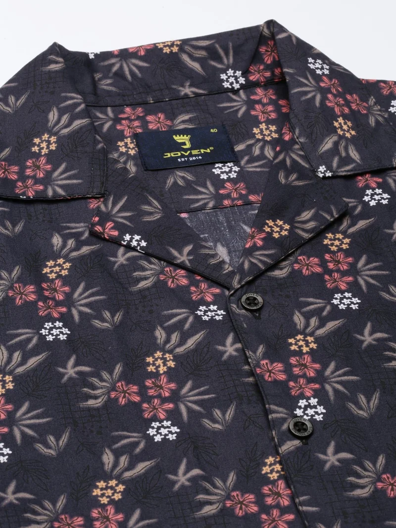 Joven  Navy Blue Printed Camp Collar Casual Shirt for Men for Men | Best Price UAE