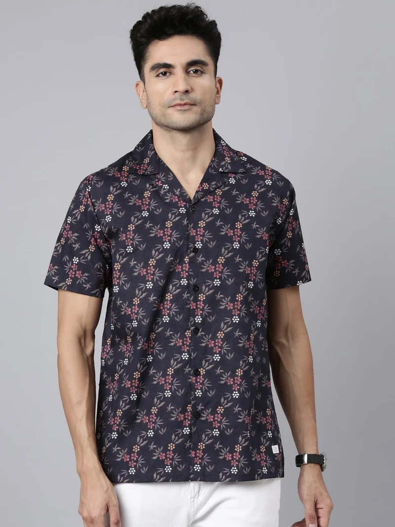 Joven  Navy Blue Printed Camp Collar Casual Shirt for Men for Men | Best Price UAE