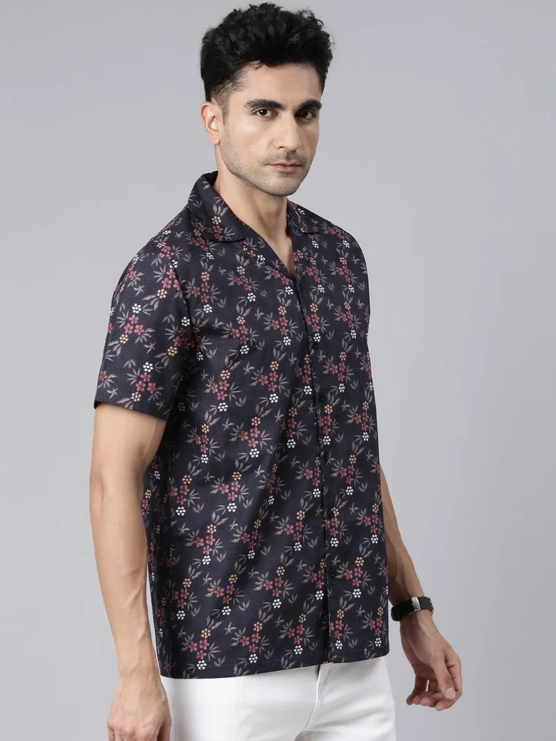 Joven Navy Blue Printed Camp Collar Casual Shirt for Men