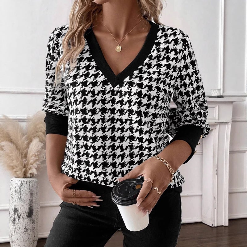 Women's Elegant Printed V-Neck Long Sleeve T-Shirt - Image 1