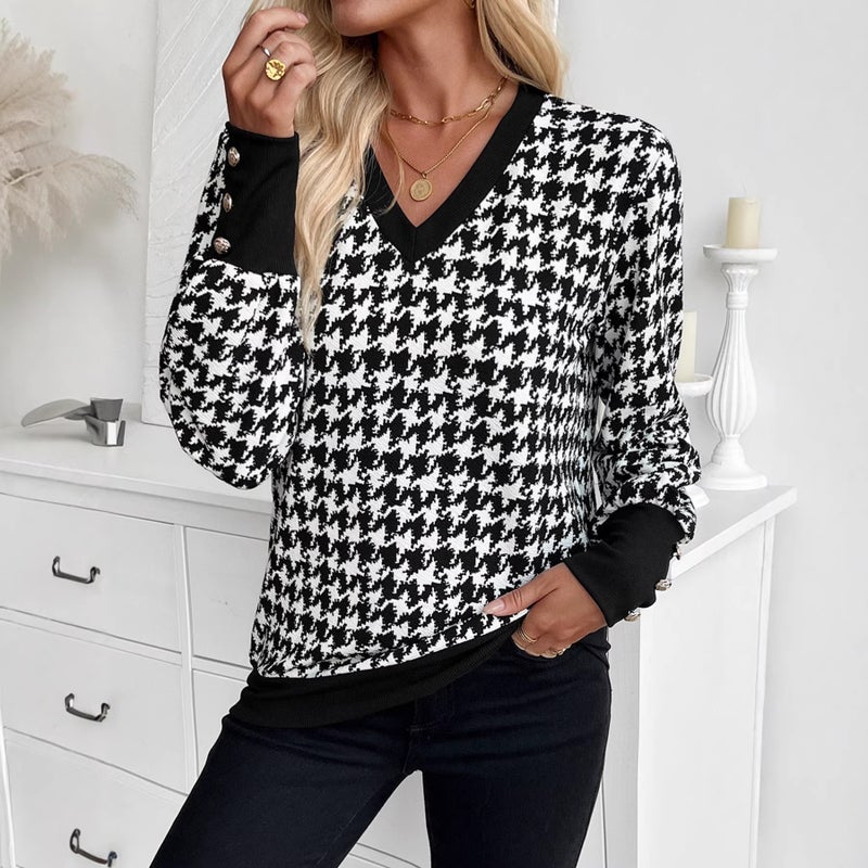 Women's Elegant Printed V-Neck Long Sleeve T-Shirt - Image 2