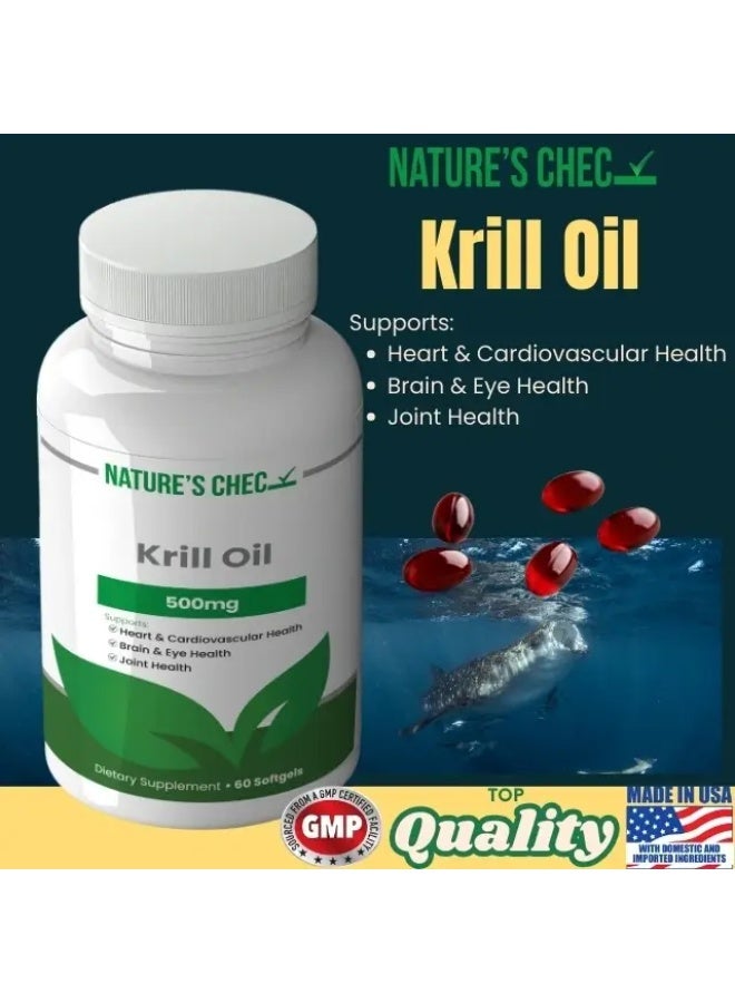 Nature’s Check Krill Oil 500mg – Supports Heart, Brain & Joint Health – Omega-3 Supplement – 60 Softgels