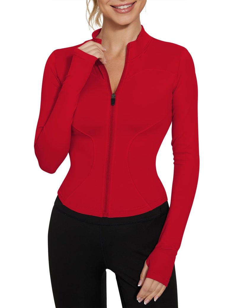 LUYAA Women's Workout Jackets Lightweight Zip Up Yoga Jacket Cropped Athletic Slim Fit Tops Red M - Image 1