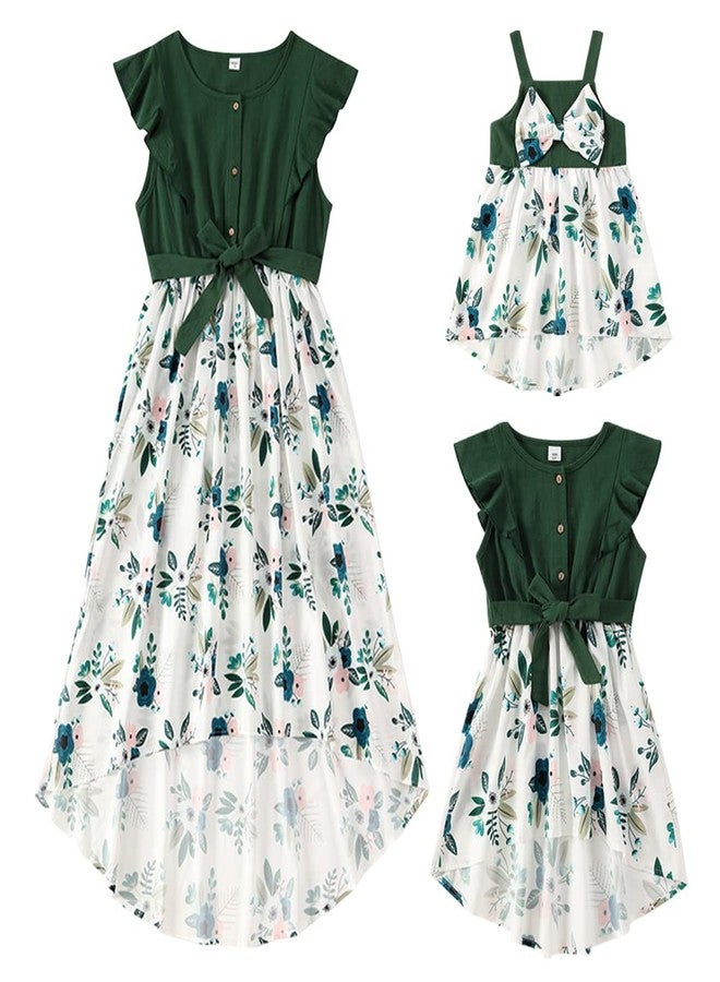 AWIBMK Mommy and Me Matching Dresses Floral Print Ruffled Short Sleeve Midi Dress Summer Beach Holiday Mom Daughter Matching Outfits Green Flower 12-18 Months - Image 1