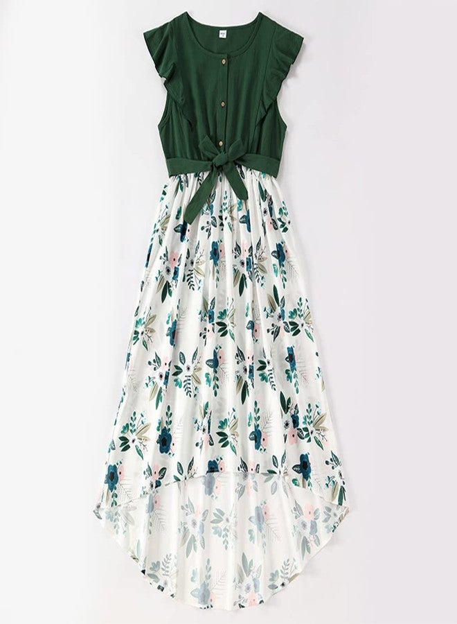 AWIBMK Mommy and Me Matching Dresses Floral Print Ruffled Short Sleeve Midi Dress Summer Beach Holiday Mom Daughter Matching Outfits Green Flower 12-18 Months - Image 2