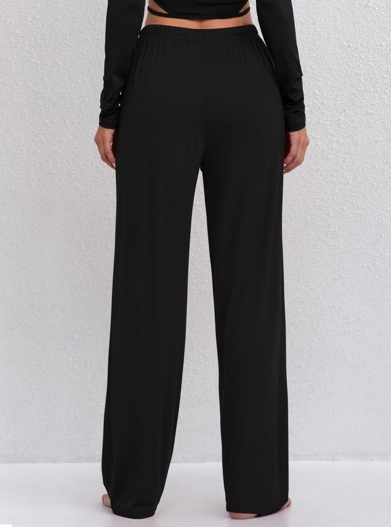 FEQO 2 Pack Women's Lounge Pants Wide Leg Yoga Pants Soft Pajama Bottoms Casual Loose Sweatpants Drawstring Yoga Pants, M(Black,Gray) - Image 3