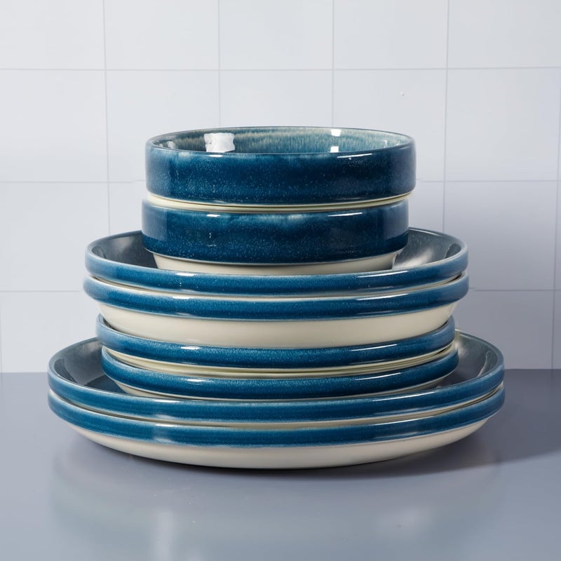 Sur La Table Kitchen Essentials Banquette 16 Piece Double Bowl Plates and Bowls Reactive Glaze Stoneware Dinnerware Set  Blue - Image 2