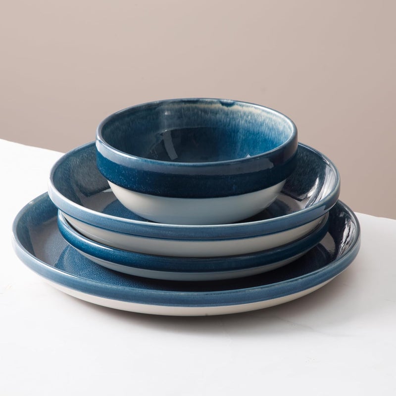 Sur La Table Kitchen Essentials Banquette 16 Piece Double Bowl Plates and Bowls Reactive Glaze Stoneware Dinnerware Set  Blue - Image 3