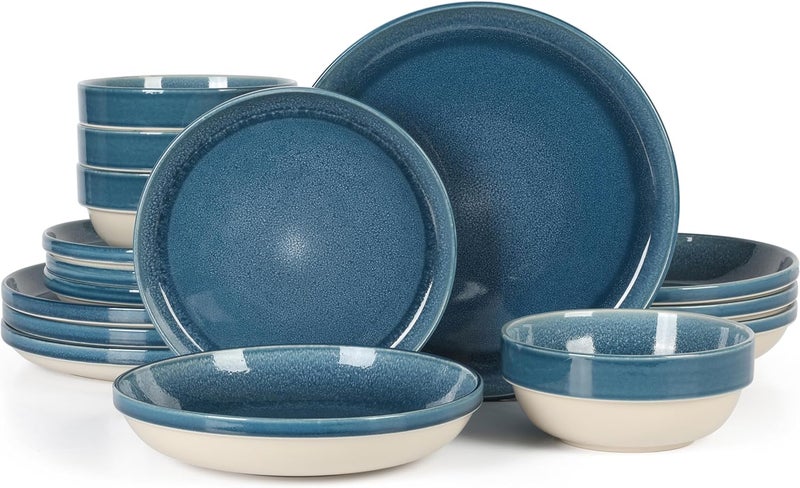 Sur La Table Kitchen Essentials Banquette 16 Piece Double Bowl Plates and Bowls Reactive Glaze Stoneware Dinnerware Set  Blue - Image 1
