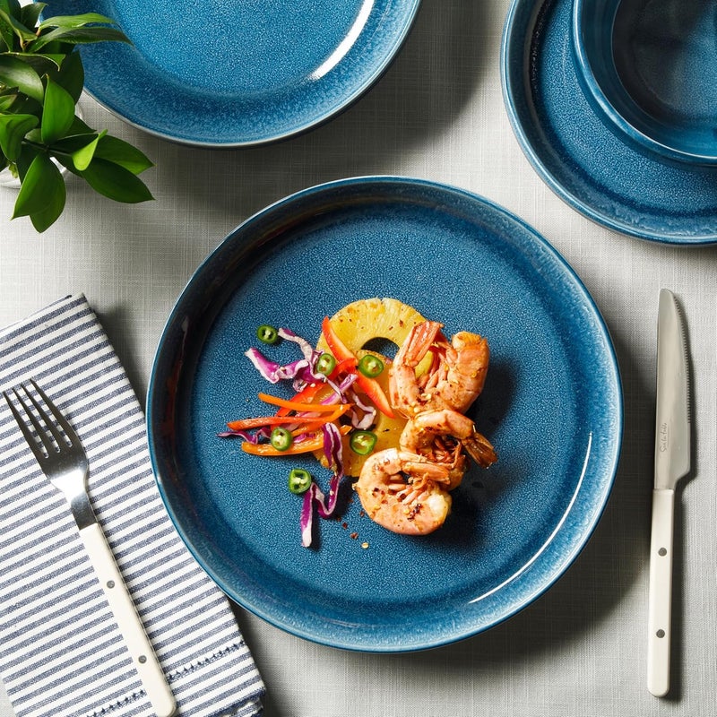 Sur La Table Kitchen Essentials Banquette 16 Piece Double Bowl Plates and Bowls Reactive Glaze Stoneware Dinnerware Set  Blue - Image 4