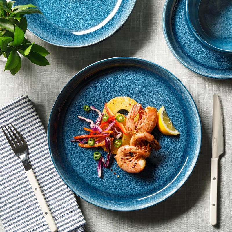 Sur La Table Kitchen Essentials Banquette 16 Piece Double Bowl Plates and Bowls Reactive Glaze Stoneware Dinnerware Set  Blue - Image 5