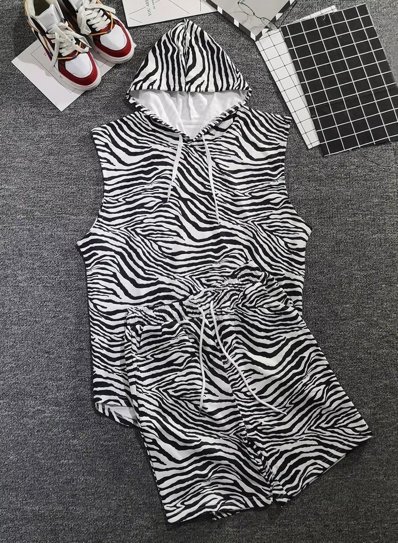 Men Zebra Striped Drawstring Hooded Tank Top & Shorts - Image 1