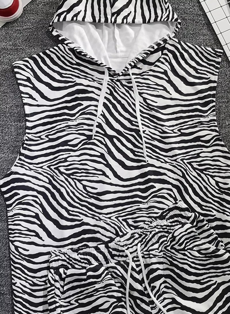 Men Zebra Striped Drawstring Hooded Tank Top & Shorts - Image 3