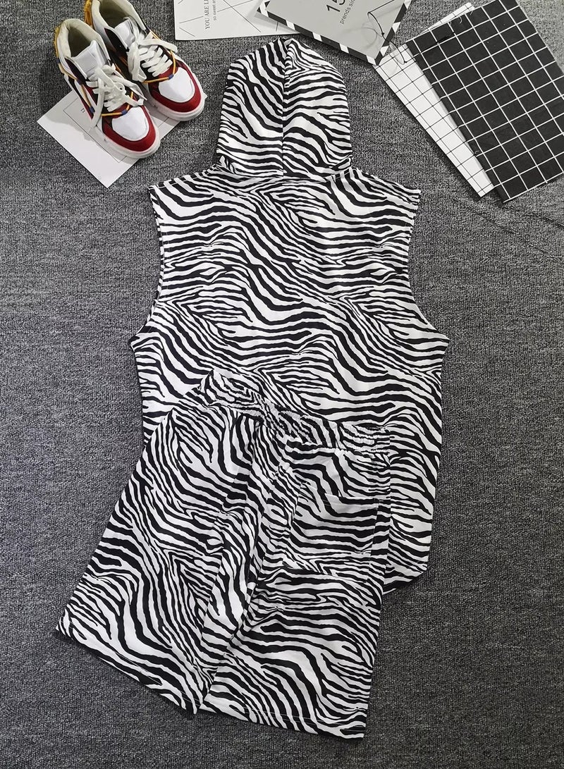 Men Zebra Striped Drawstring Hooded Tank Top & Shorts - Image 2