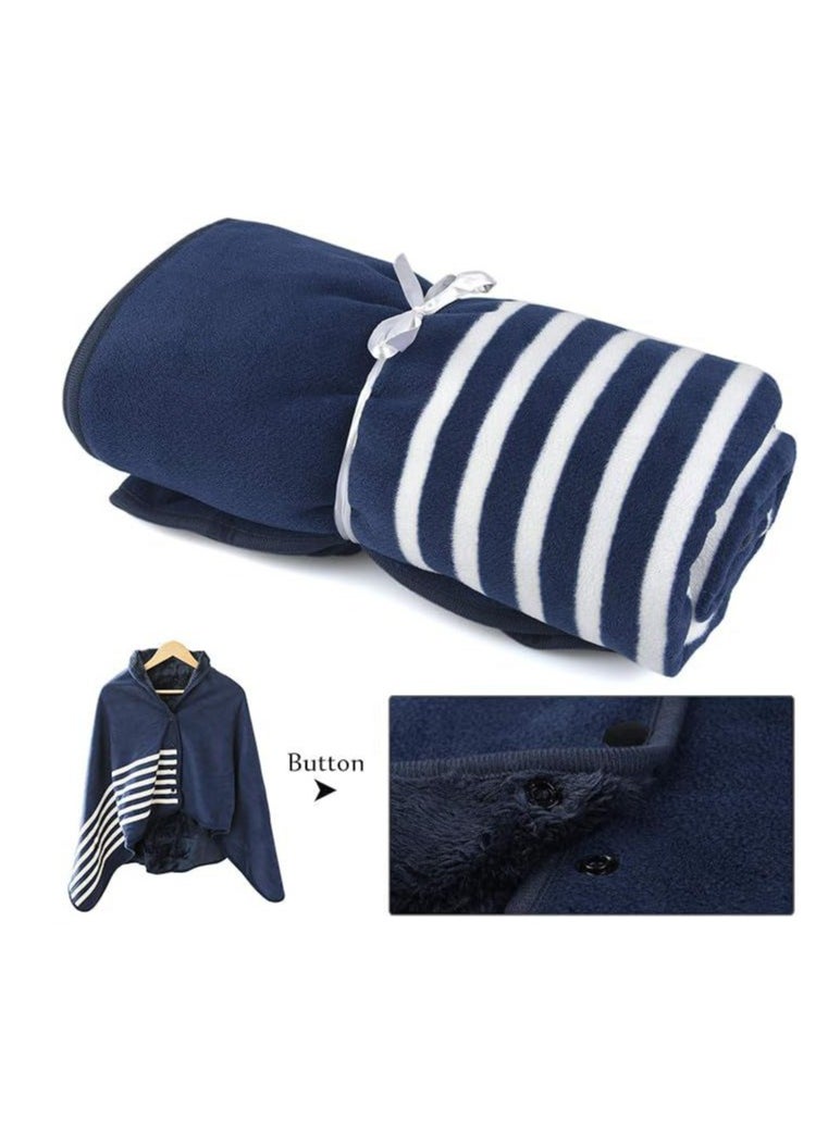 Generic - Fleece Wearable Blanket, Plaid Lap Blanket Comfy Poncho Throw with Buttons for Bed Sofa Office, (Blue-White) - Image 1