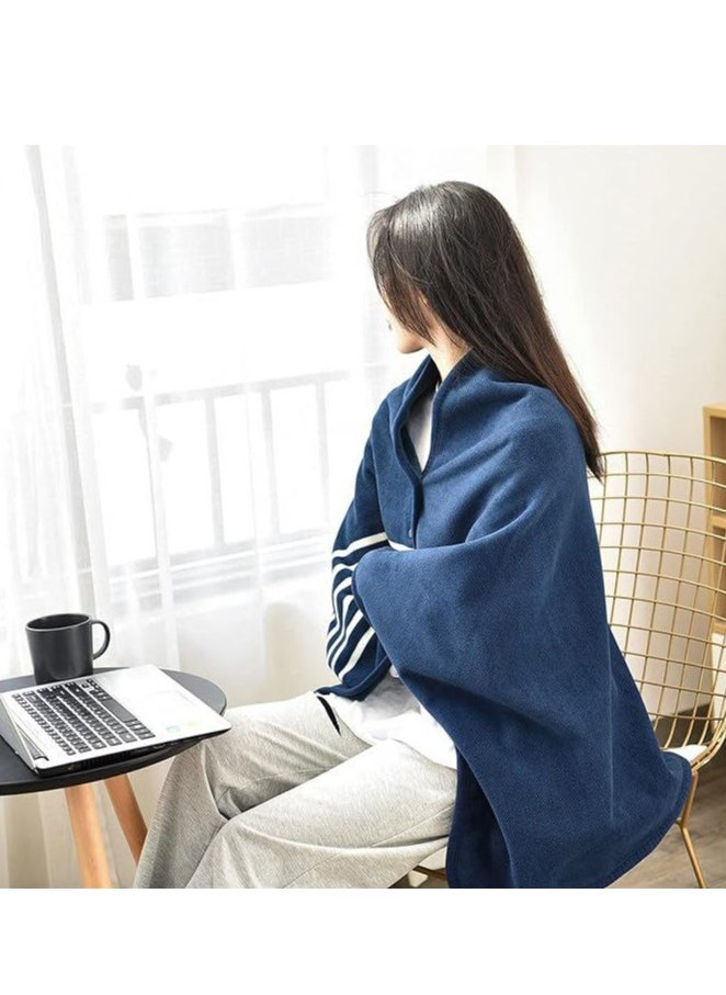 Generic - Fleece Wearable Blanket, Plaid Lap Blanket Comfy Poncho Throw with Buttons for Bed Sofa Office, (Blue-White) - Image 1