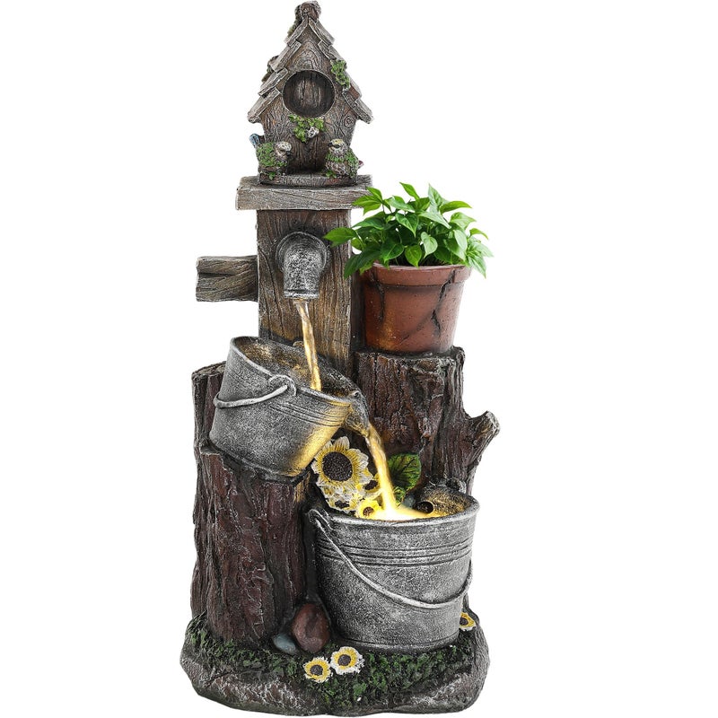 Ultym 20" Bucket Birdhouse Outdoor Fountain, 3-Tier Pastoral Water Feature with LED Lights, Resin Soothing Cascading Waterfall for Patio, Backyard, Garden or Porch - Image 2