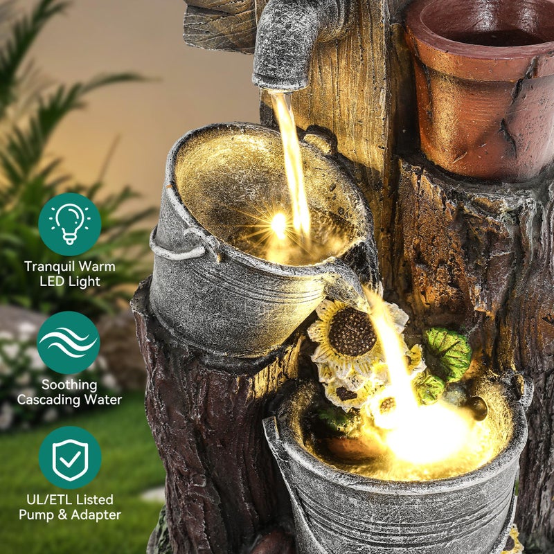 Ultym 20" Bucket Birdhouse Outdoor Fountain, 3-Tier Pastoral Water Feature with LED Lights, Resin Soothing Cascading Waterfall for Patio, Backyard, Garden or Porch - Image 5