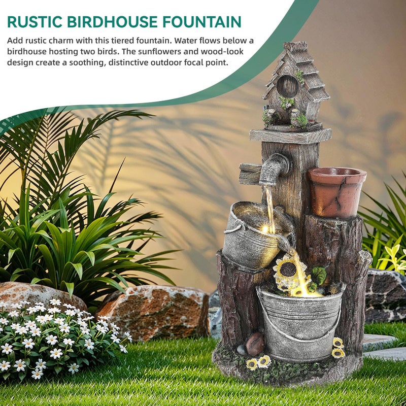 Ultym 20" Bucket Birdhouse Outdoor Fountain, 3-Tier Pastoral Water Feature with LED Lights, Resin Soothing Cascading Waterfall for Patio, Backyard, Garden or Porch - Image 4