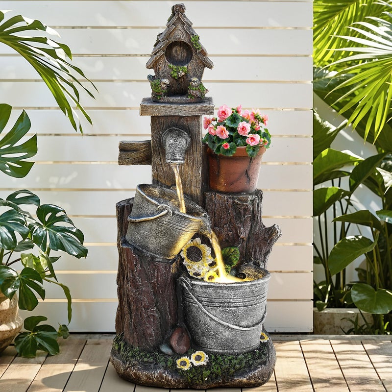 Ultym 20" Bucket Birdhouse Outdoor Fountain, 3-Tier Pastoral Water Feature with LED Lights, Resin Soothing Cascading Waterfall for Patio, Backyard, Garden or Porch - Image 1