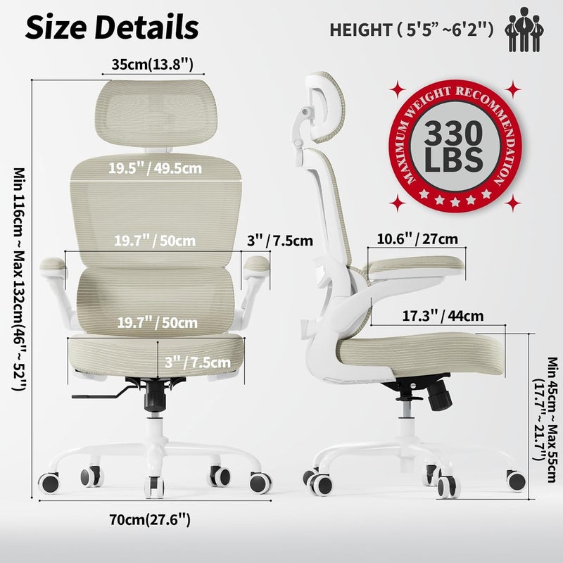 TRALT Ergonomic Office Chair - Desk Chair with Mesh PU Leather Gaming Chair - Computer Chair Comfy Adjustable Lumbar Support Executive Office Chair High Back for Adults Home Office (Beige) - Image 2