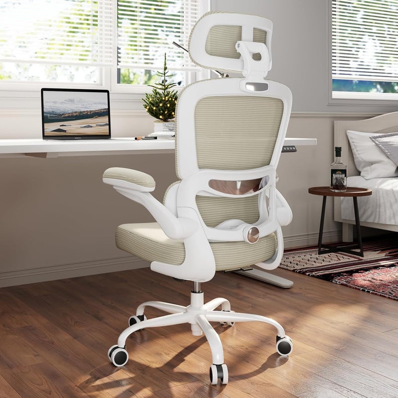 TRALT Ergonomic Office Chair - Desk Chair with Mesh PU Leather Gaming Chair - Computer Chair Comfy Adjustable Lumbar Support Executive Office Chair High Back for Adults Home Office (Beige) - Image 1