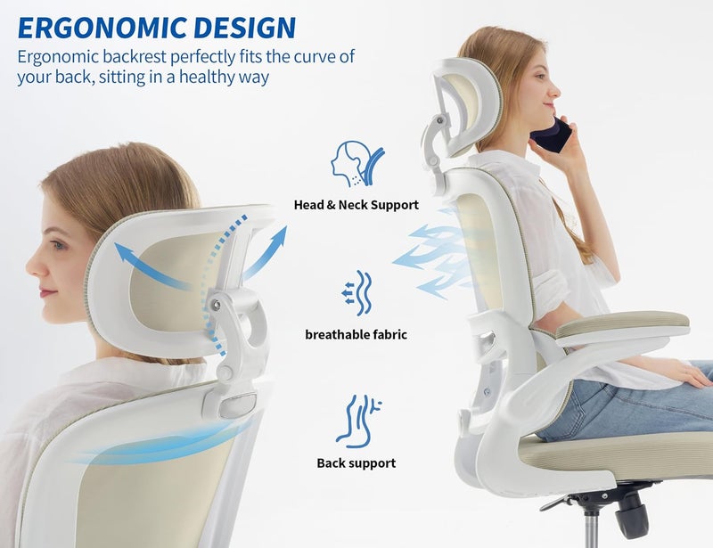 TRALT Ergonomic Office Chair - Desk Chair with Mesh PU Leather Gaming Chair - Computer Chair Comfy Adjustable Lumbar Support Executive Office Chair High Back for Adults Home Office (Beige) - Image 4
