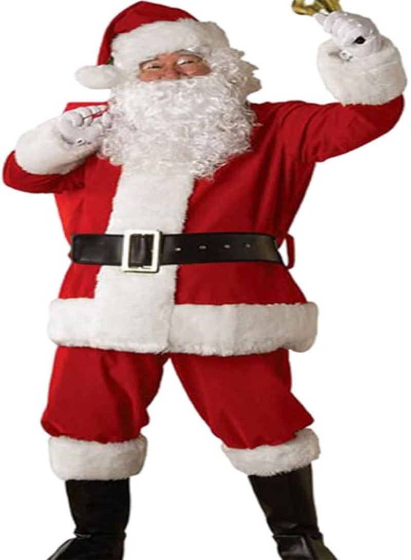 GGOOT Men Santa Claus Outfit Christmas Cosplay Costume White Beard Hat Top Trousers Belt Red L 5pcs, Santa Claus Outfit, Christmas Party Outfit, Xmas Cosplay Set  - Image 1