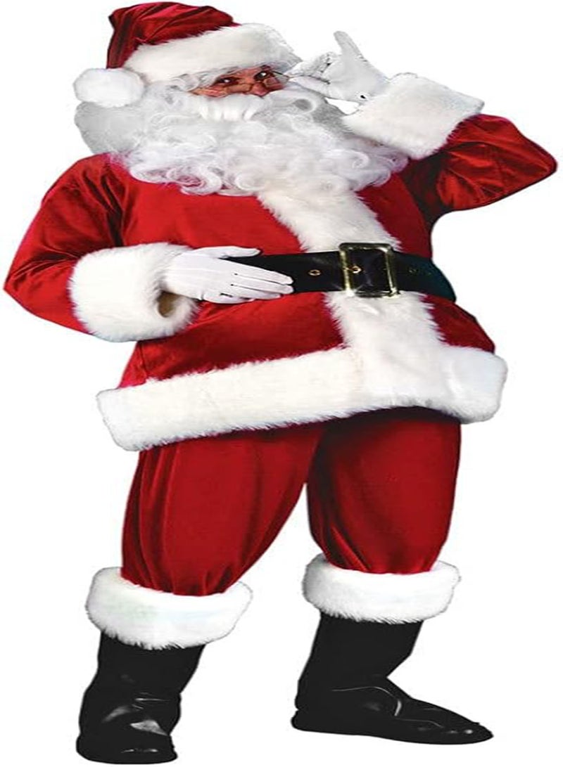 GGOOT Men Santa Claus Outfit Christmas Cosplay Costume White Beard Hat Top Trousers Belt Red L 5pcs, Santa Claus Outfit, Christmas Party Outfit, Xmas Cosplay Set  - Image 2