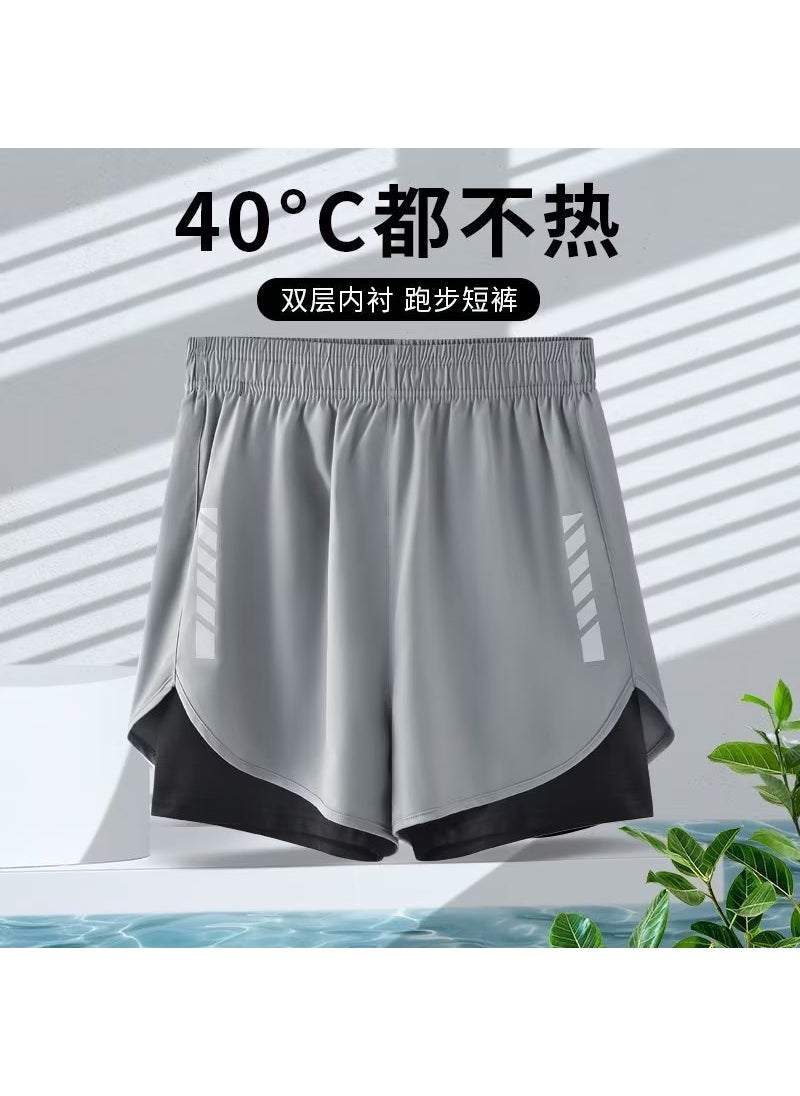 Generic - American sports shorts mens running cycling marathon quick-drying ice silk lining training fitness basketball three pants summer Gray - Image 1