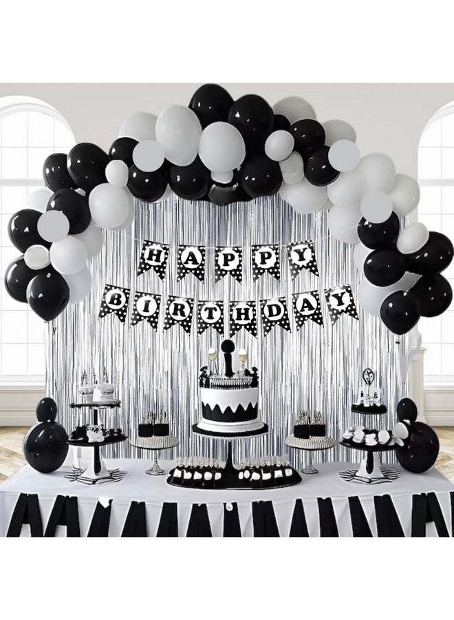 HK balloons 32 Pcs Happy Birthday Black Polka dot banner Decoration set items with black and white balloons & silver curtains for birthday decorations for boys husband - Image 1
