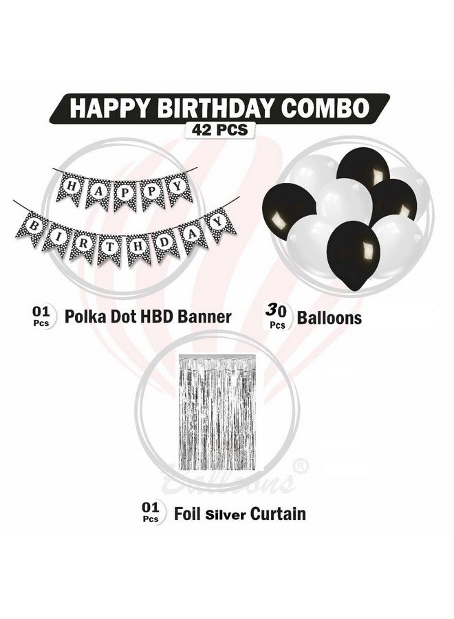 HK balloons 32 Pcs Happy Birthday Black Polka dot banner Decoration set items with black and white balloons & silver curtains for birthday decorations for boys husband - Image 2
